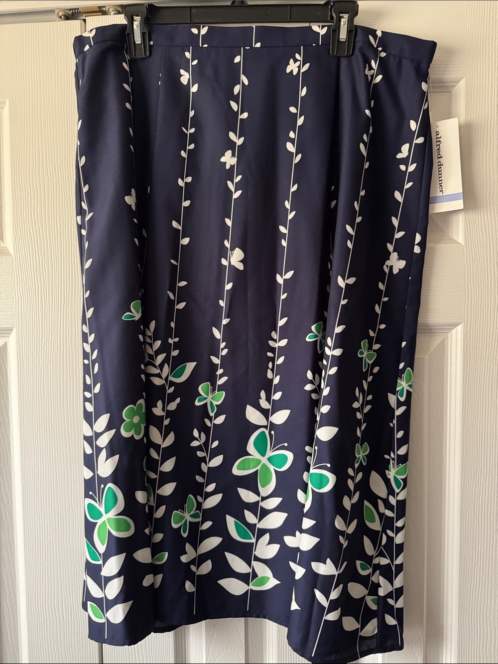Alfred Dunner Navy Skirt with Ivory Floral Design & Green Butterflies